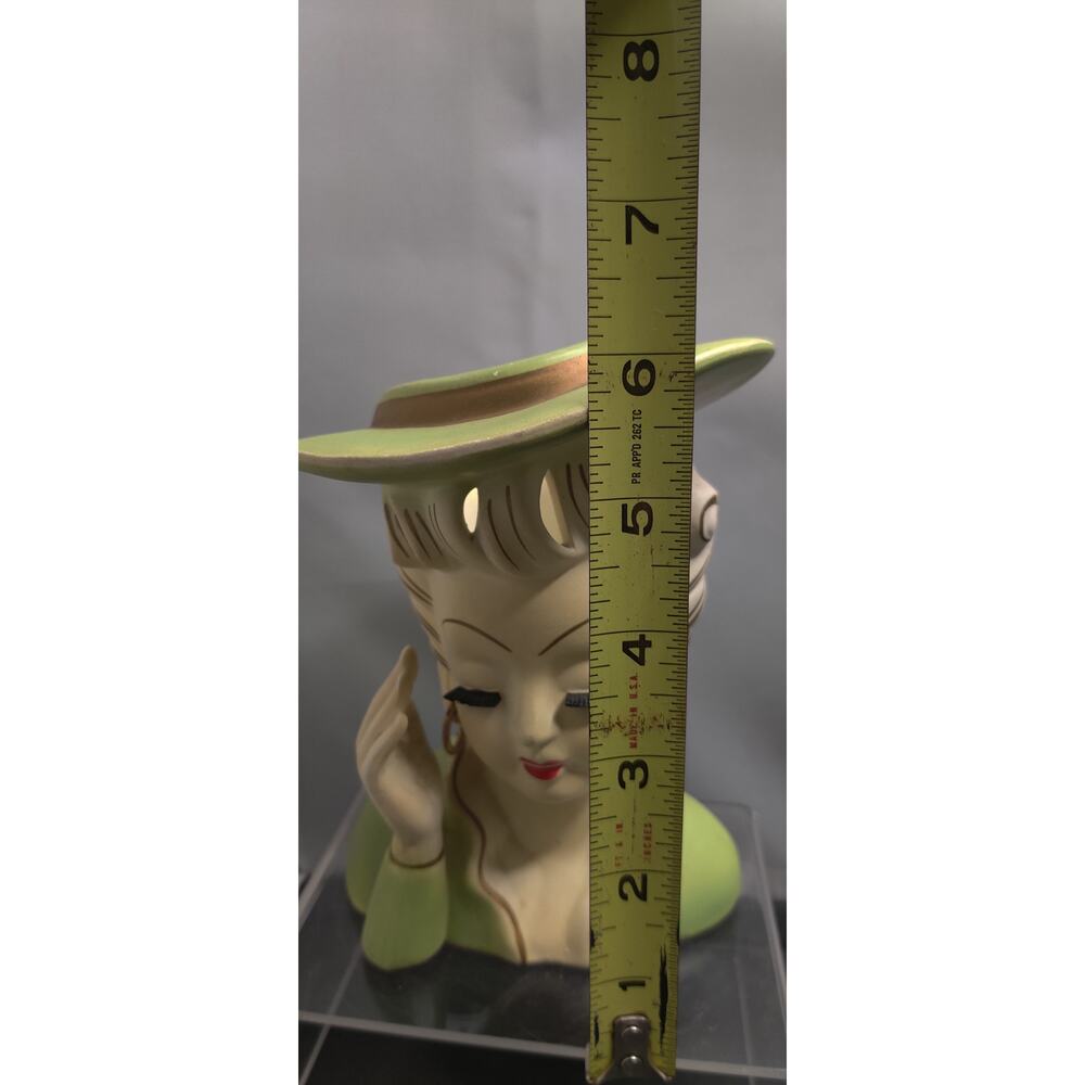 Vintage Green Hat Hand to Head Headache Lady Head Vase Planter Kitsch MidCentury - Picture 11 of 12